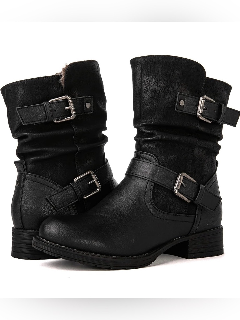 Classic Black Buckle Women’s Mid-Calf Faux-Fur Biker Size 9